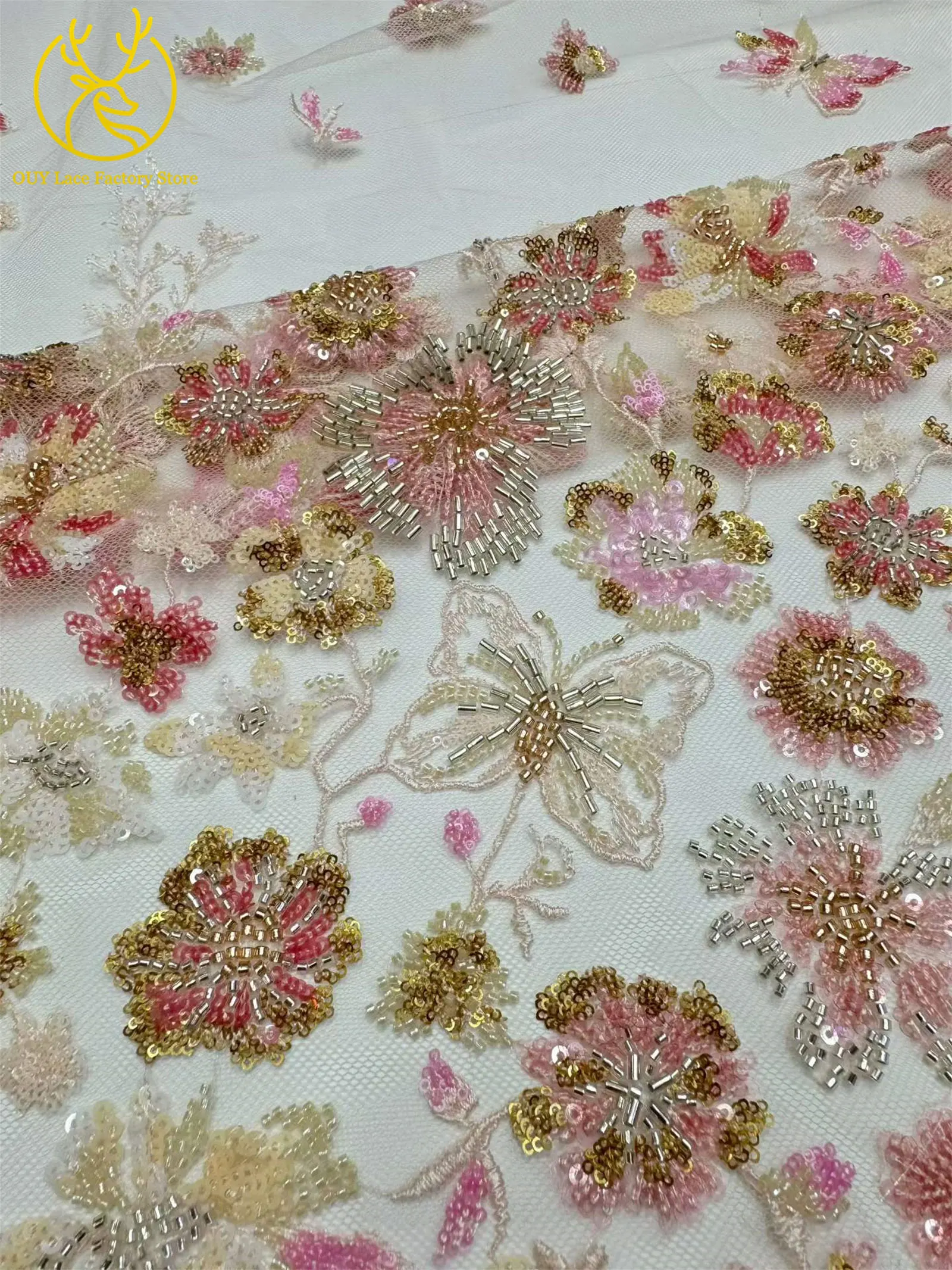 5 Yards afrikanischer handgefertigter bestickter Spitzenstoff, hochwertige französische Pailletten-Tüllspitze, nigerianisch, für Brautkleider – Detail 9