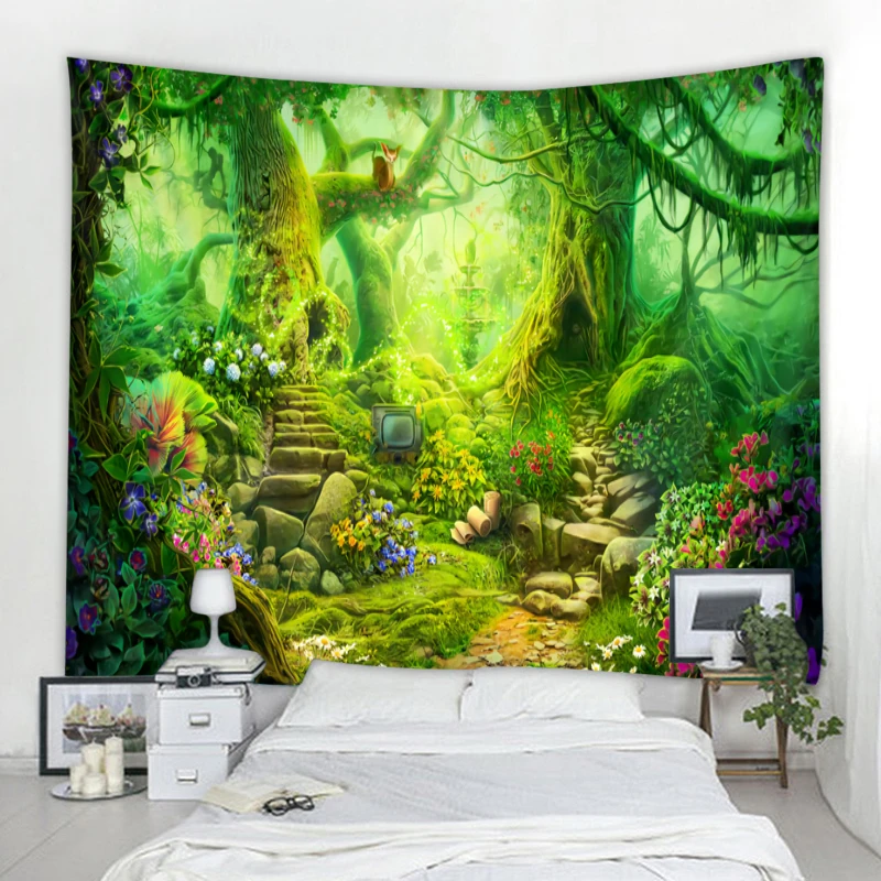 Psychedelic Woods Fairytale Forest Landscape Wall Cloth Tapestry Hippie Wall Hanging Boho Tapestry Mandala Wall Art Home Decor