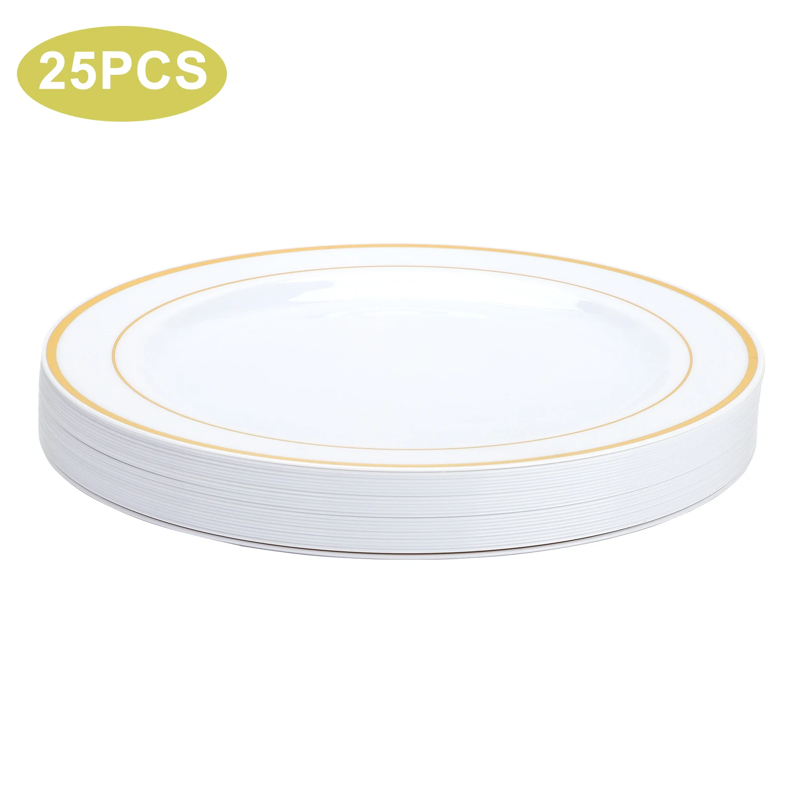 

7.5 /10.25 Inch Food Grade Dinner Plates Kitchen Dining Bar 10.25inch 26cm White Gold Rim 25pcs Party Wedding Plastic Dishes