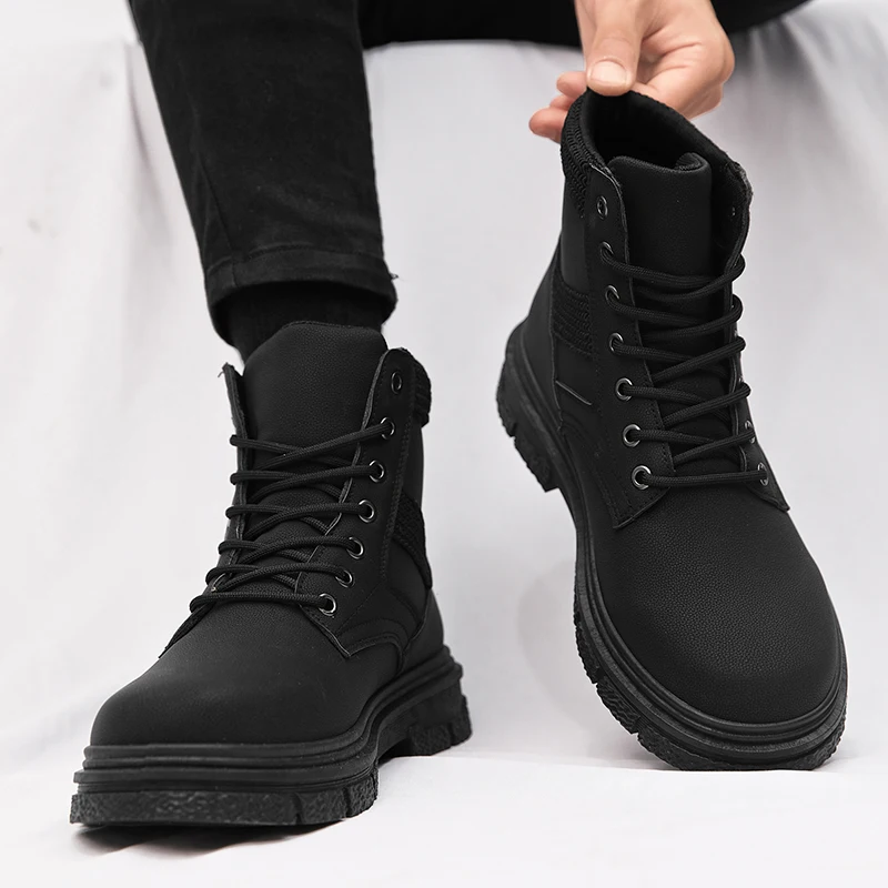 Men Ankle Boots Platform High Top Black Motorcycle Boot Trendy All-match Fashion Water Proof Wear-resistant Outdoor Elastic