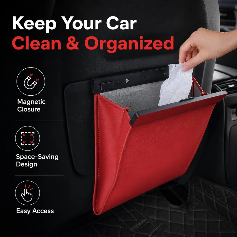 Foldable Car Trash Can with Magnetic Closure, Waterproof PU Leather, Snap-On Seat Back Organizer, Leak-Proof Waste Bin, 5 Colors
