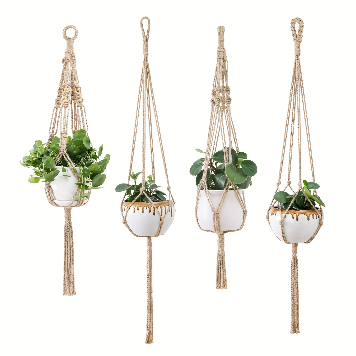 4pc White Macrame Plant Hangers - Versatile Lengths - Ideal for  & Garden Decor