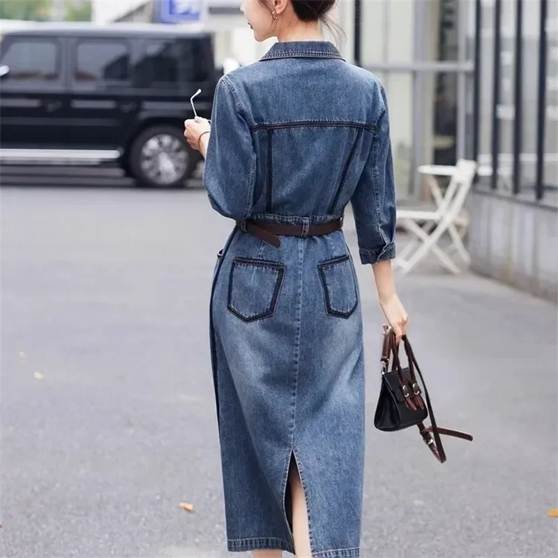 Vintage Denim Dress Fashion Blue New Belt Shirt High Quality Dress Temperament Lapel Pocket Spring and Autumn