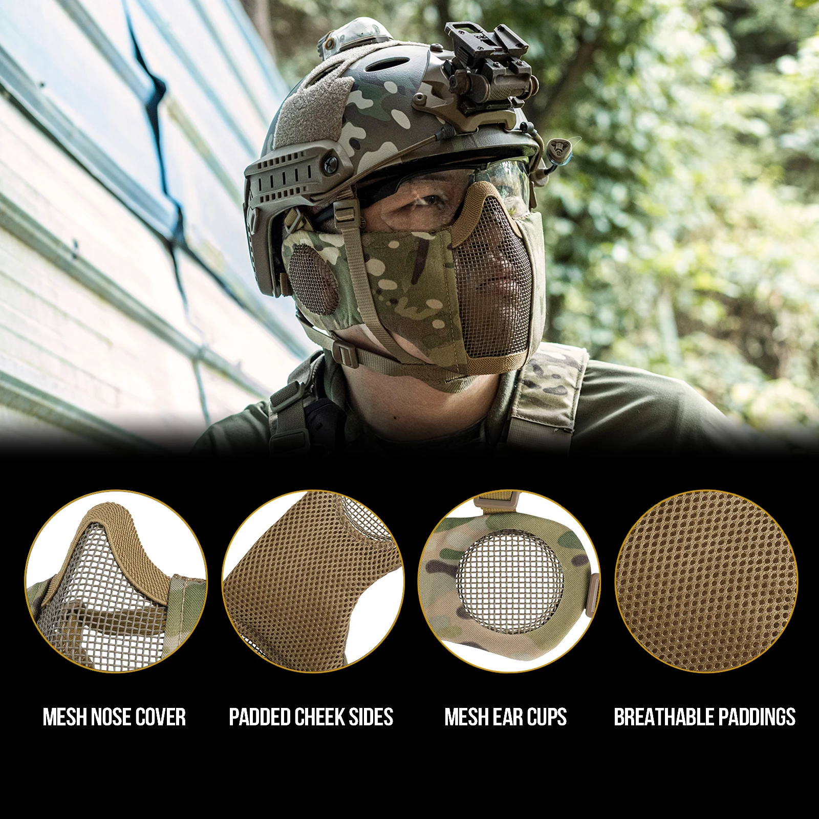 قناع شبكي Airsoft قابل للطي مقاس 6 بوصات من OneTigris مع حماية للأذن، قناع تكتيكي نصف وجه للتصوير وكرة الطلاء #5