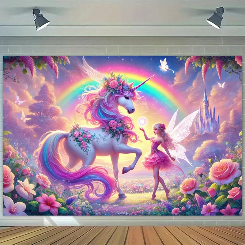 قطعة واحدة، مجموعة مع خلفية معلقة على الحائط على شكل وحيد القرن السحري والخرافية - تتميز بألوان قوس قزح والزهور ومناظر الغابة السحرية