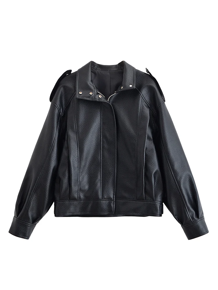 

European style new women's fashion versatile temperament loose slim shoulder textured leather jacket coat