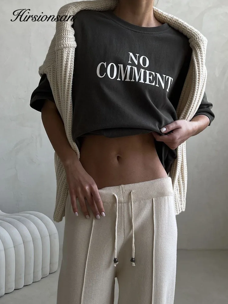 Hirsionsan NO COMMENT Letter Graphic Printed T Shirt Women Summer Oversize  Female Clothing Elegant O Neck Cotton Lady Tops Y2k