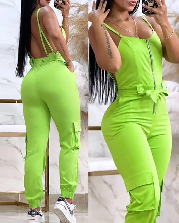 Summer Women Fashion Jumpsuit New Solid Color V-Neck Zipper High Waist Lace Up Pocket Design Backless Strap Jumpsuit Work Pants