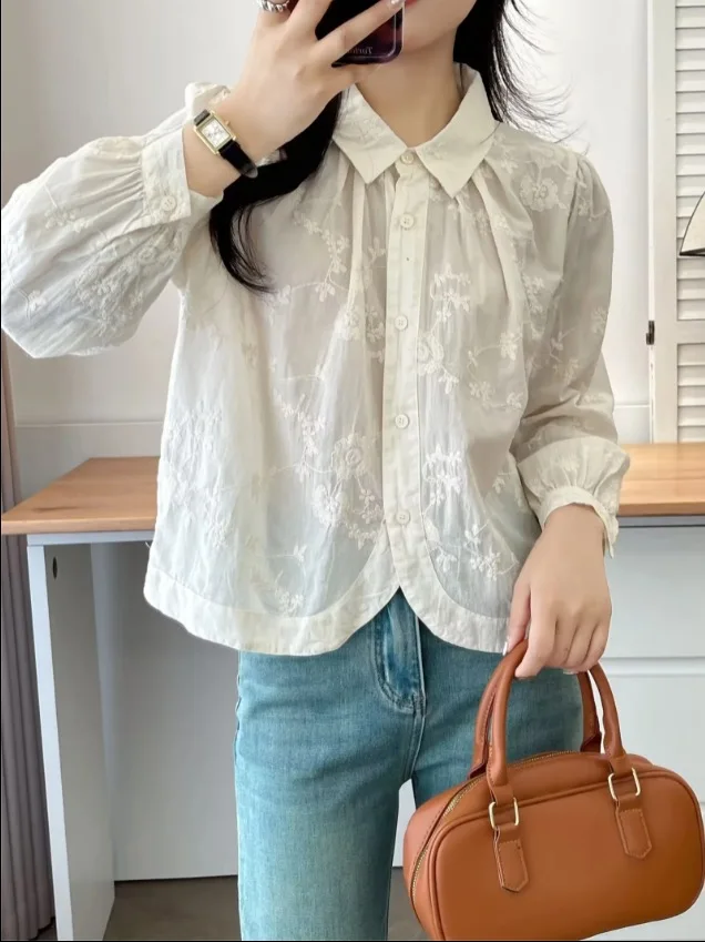 Camisa de algodão de manga comprida para mulheres, tops bordados de lapela, doce e moda, blusas soltas, novo outono e inverno 2020, t48482qm