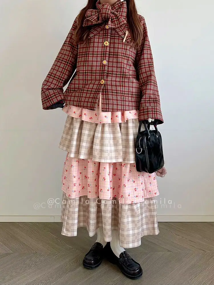 Retro Cute Pink Tiered Cake Skirt for Women, Japanese Fashion Plaid & Cherry Print Puff Skirt Daily Wear Sweet Cute Young Lady