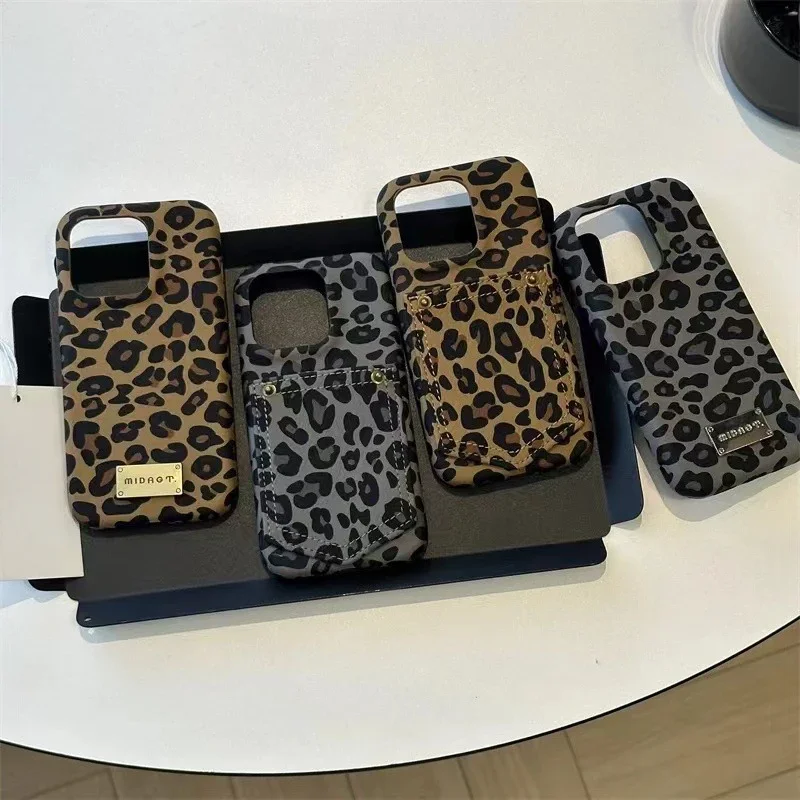 

New Leather Phone Case Suitable for iPhone 16Promax Leopard Print 15pro Card Pack 14 All Inclusive 13 All-round Protective Cover