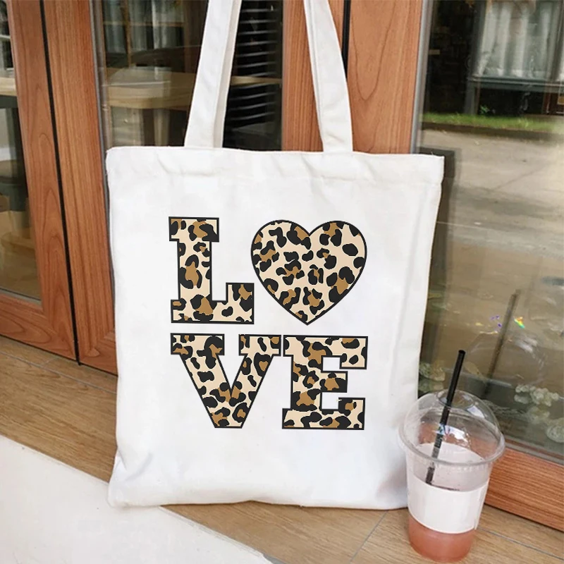 Women Handbags Leopard Love Heart Canvas Bag Funny Handbag for Teen Fashion Harajuku Tote Bag Design Brand Side Bag for Ladies