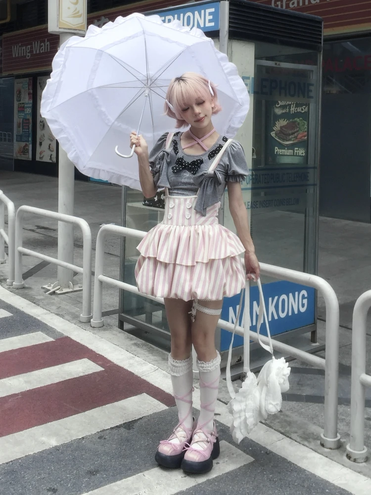Original Japanese Kawaii Y2k Gray T-shirt Bud Skirt 2-piece Summer New Subculture Gothic Girls Sweet Cool Top Mini Skirt Set