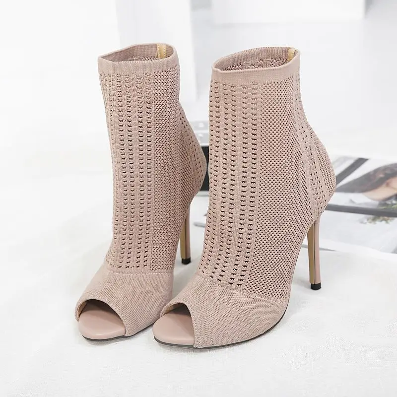 NEW Beige Green Ladies Open Toe Short Boots Elastic Boots Small Hole Hollow Out Breathable Dress Women Boots Pumpsdi43