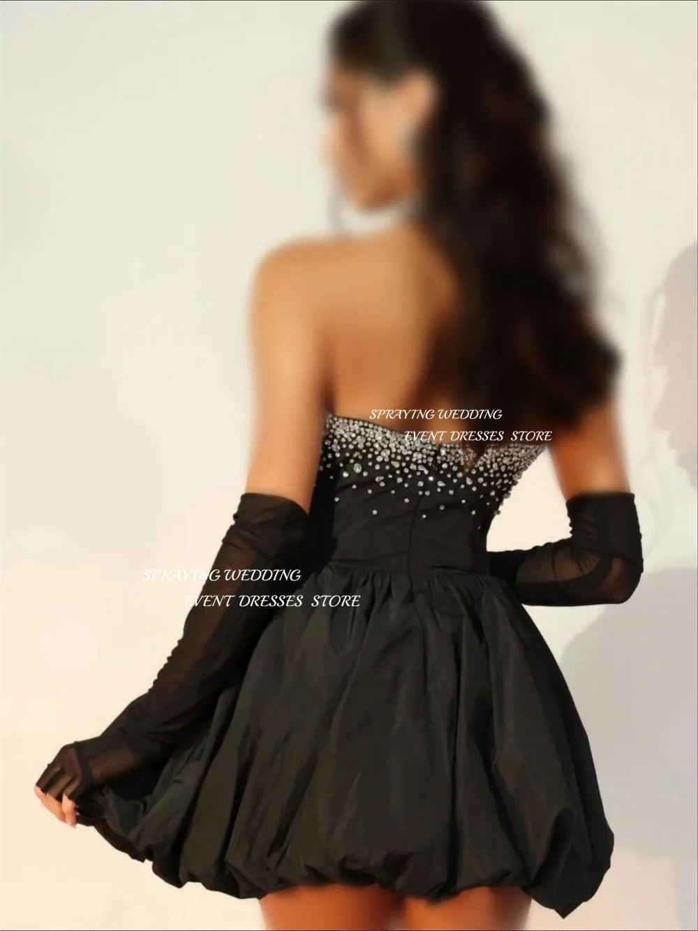 SPRAYING Preto Tafetá Mini Vestido de Aniversário de Luxo Strapless Diamante Vestido de Baile Uma Linha Curto Vestido de Festa de Aniversário Personalizado