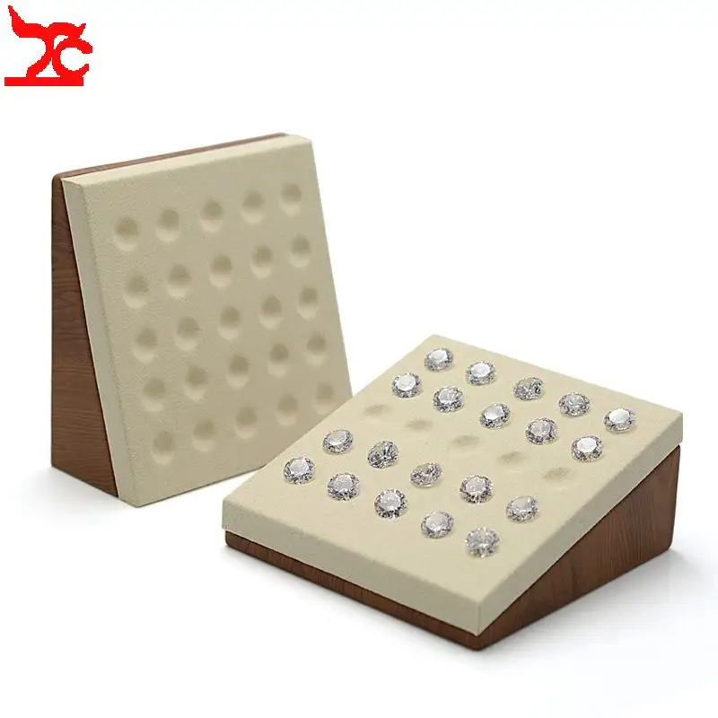Wood-Grained Leather Solid Wood Jewelry Display Tray Bare Stone Organizer Stand Jewelry Prop Diamond Accessory Stand - view 5