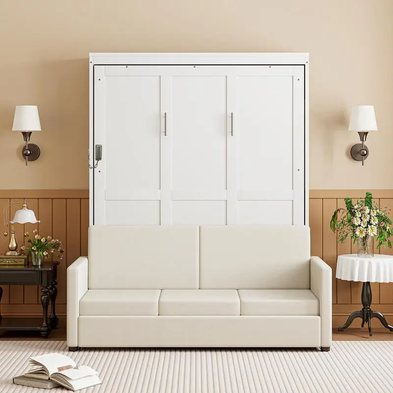 سرير حائط ميرفي بالحجم الكامل مع وسادة، لون أبيض