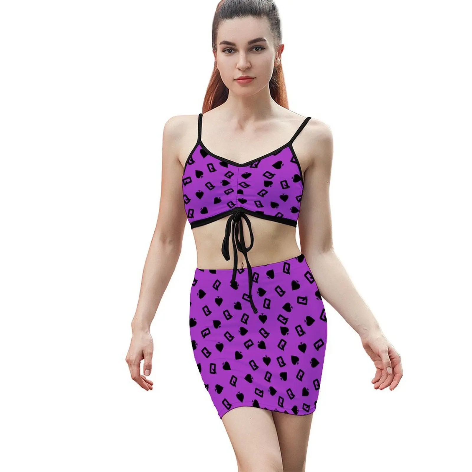 Summer Two Piece Outfits for Women Spades Q print Crop Tops High Waisted Bodycon Mini Skirt Sets