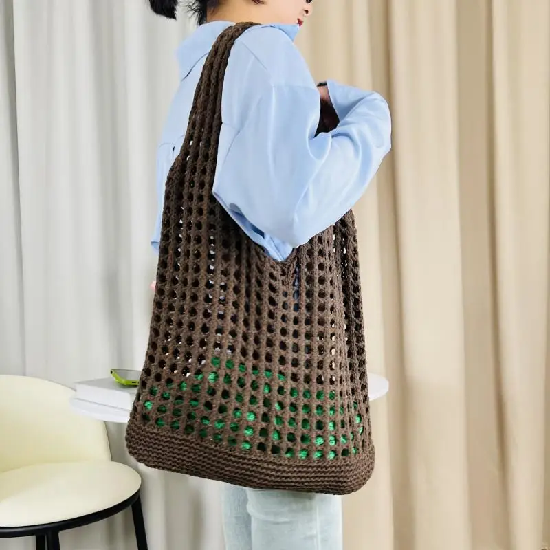 

2024 Trendy Women's Knitted Shoulder Bags Crochet Handbags Solid Color Hollow Large Capacity Tote Bag Casual Travel Shopper Bags