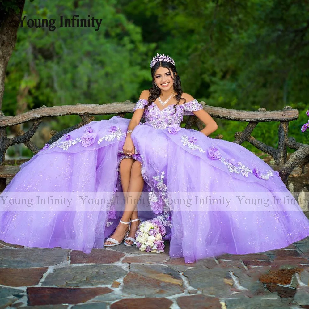 New Off The Shoulder Quinceanera Dresses Purple Tulle Floor-length Ball Gown Sweet Lace Flower Vestido De Debutante Plus Size