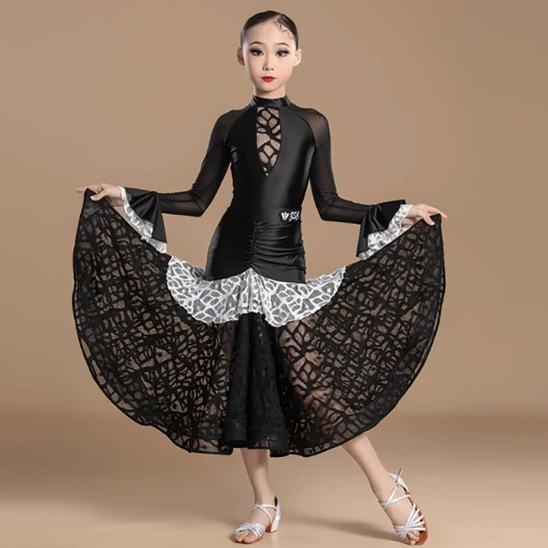 Kids Girls Modern Dance Children's Waltz Dance Bodysuit and Big Swing Skirt Competition Practice Performance Dancewear