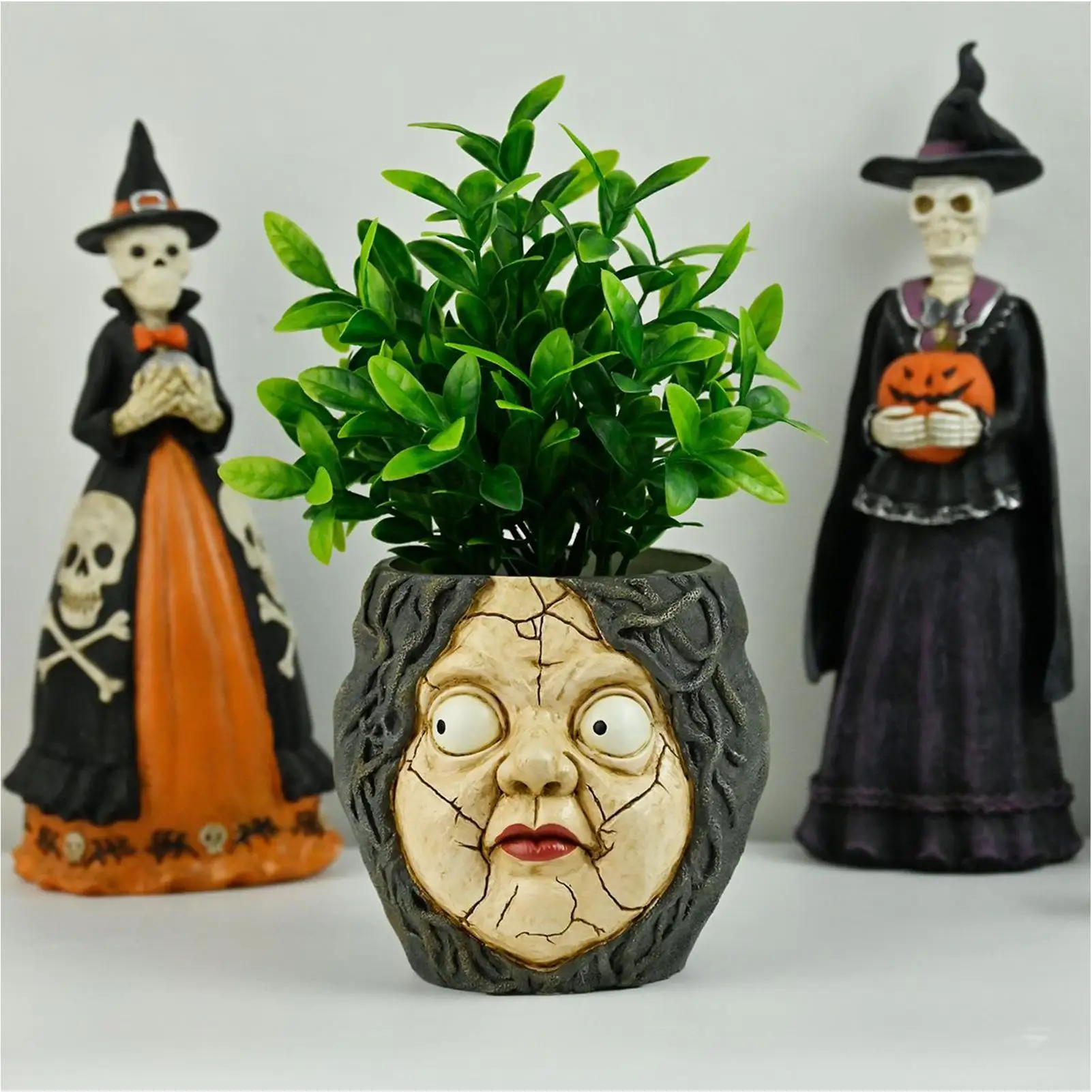 Spooky Witch Head Resin Flower Pot Crack Face Succulent Planter Halloween Home Indoor Tabletop Decorative Plant Container