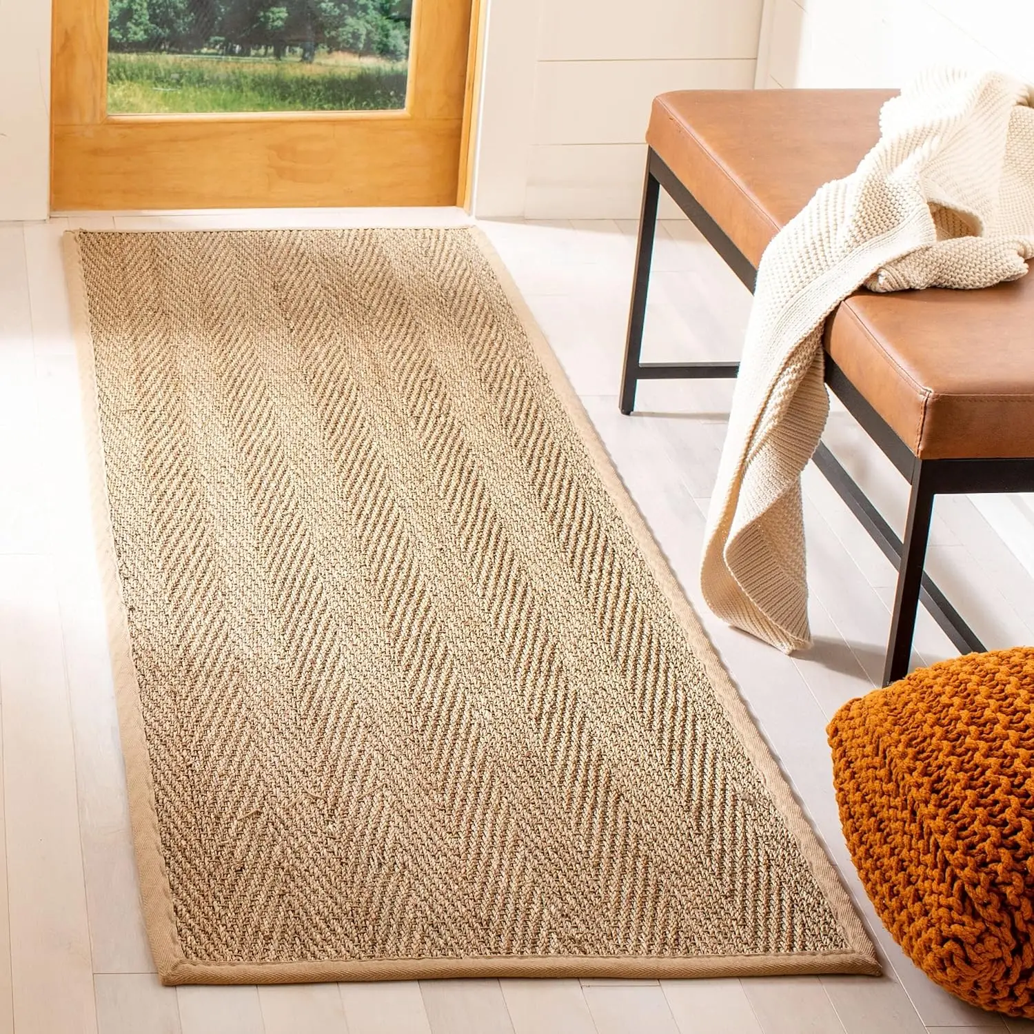 

Runner Rug - 2'6" x 12', Natural & Beige, Border Herringbone Seagrass Design, Easy Care, Ideal for High Traffic Areas in Living