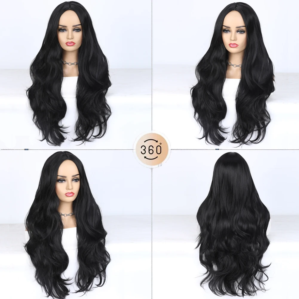 WIGNEE28 Inch Long Body Wave Wig Synthetic Hair Black Wigs for Women Tanie peruki na sprzedaż Wyprzedaż Włókno termoodporne Codzienne użytkowanie