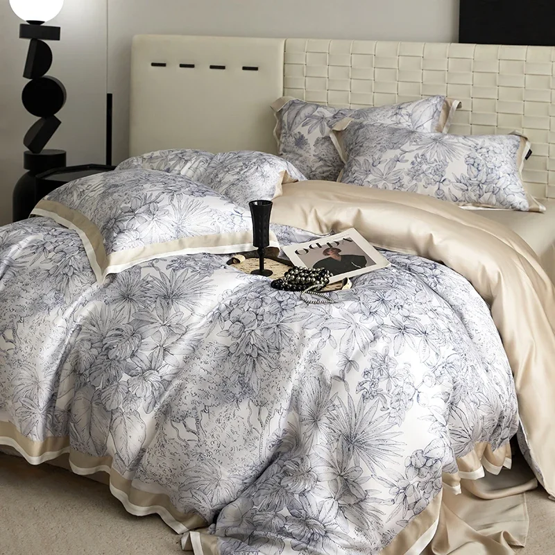 Floral Plant Print Color Blocking Bedding Set Lyocell Bamboo Fiber Soft Silky Duvet Cover Flat/Fitted Bed Sheet Pillowcases 4Pcs