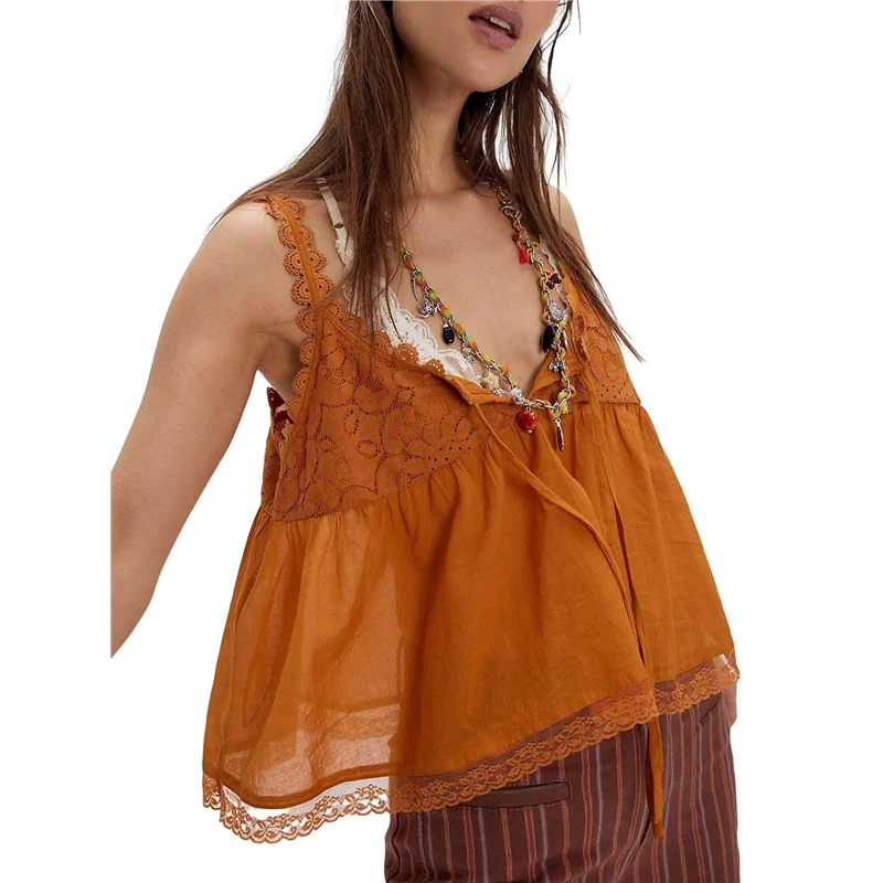 Women Lace Trim Tank Tops Y2k Tie Front Semi Sheer Crop Vest Cute Sleeveless Scoop Neck Flowy Shirt