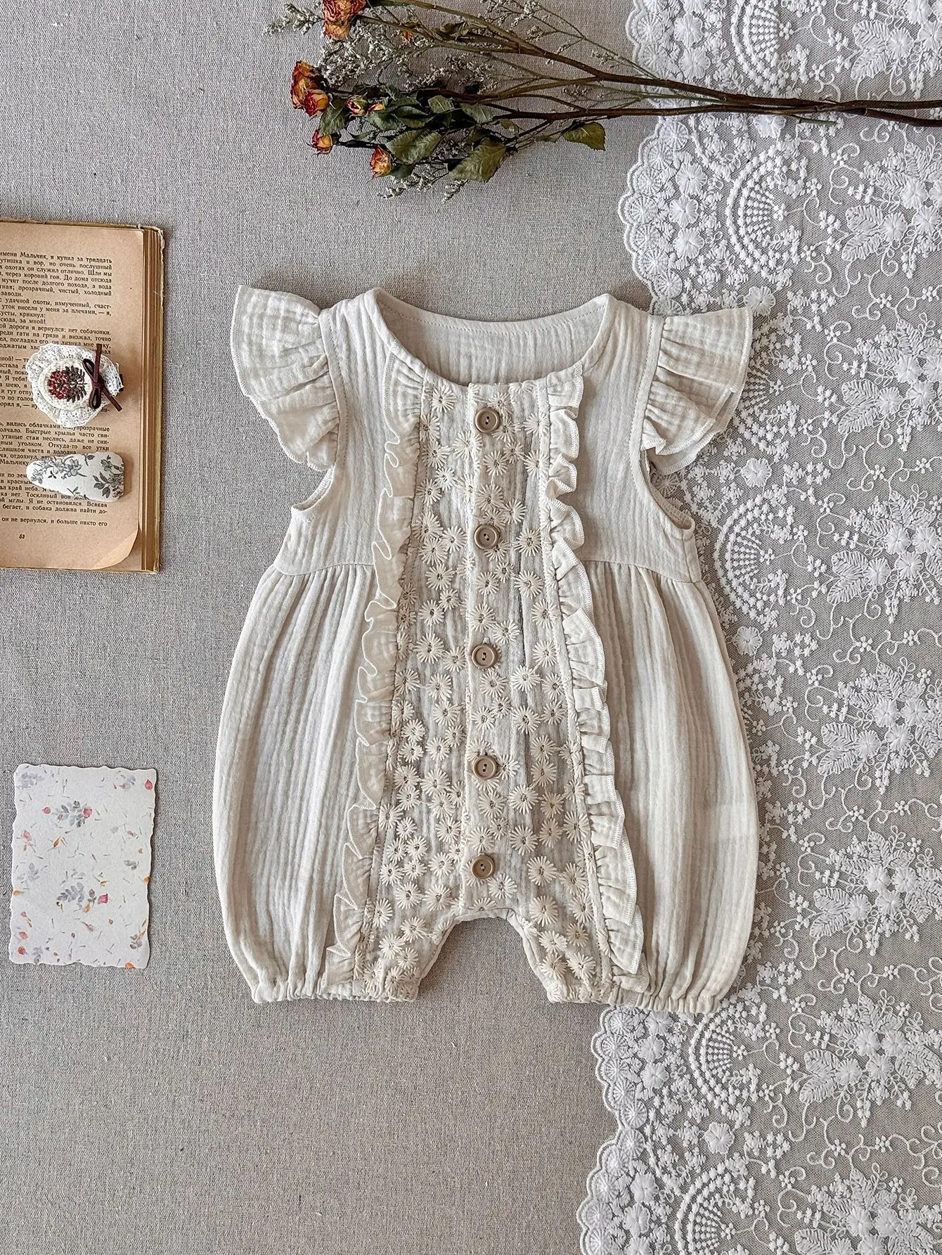 2026 Summer Cotton Lace Newborn Baby Girl Clothes Embroidery Girls One Piece Ruffle Sleeve Toddler Girls Rompers Infant Jumpsuit
