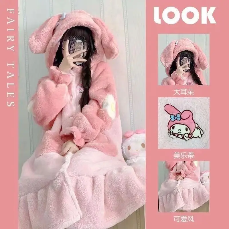 Sanrio Hello Kitty Cardigan Robe Fuzzy Kuromi Kawaii Anime Cartoon Girls Pajamas Wear Capes Cloaks Hooded Ponchos Couple Gifts