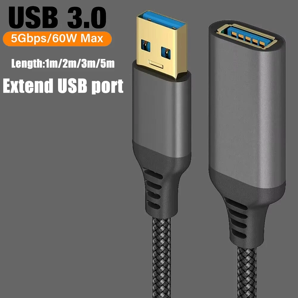 Cabo de Extensão USB 3.0 Macho-Fêmea Trançado em Nylon para Transmissão de Dados e Carregamento para Laptop, TV, PS4, Computador, Câmera e Impressora