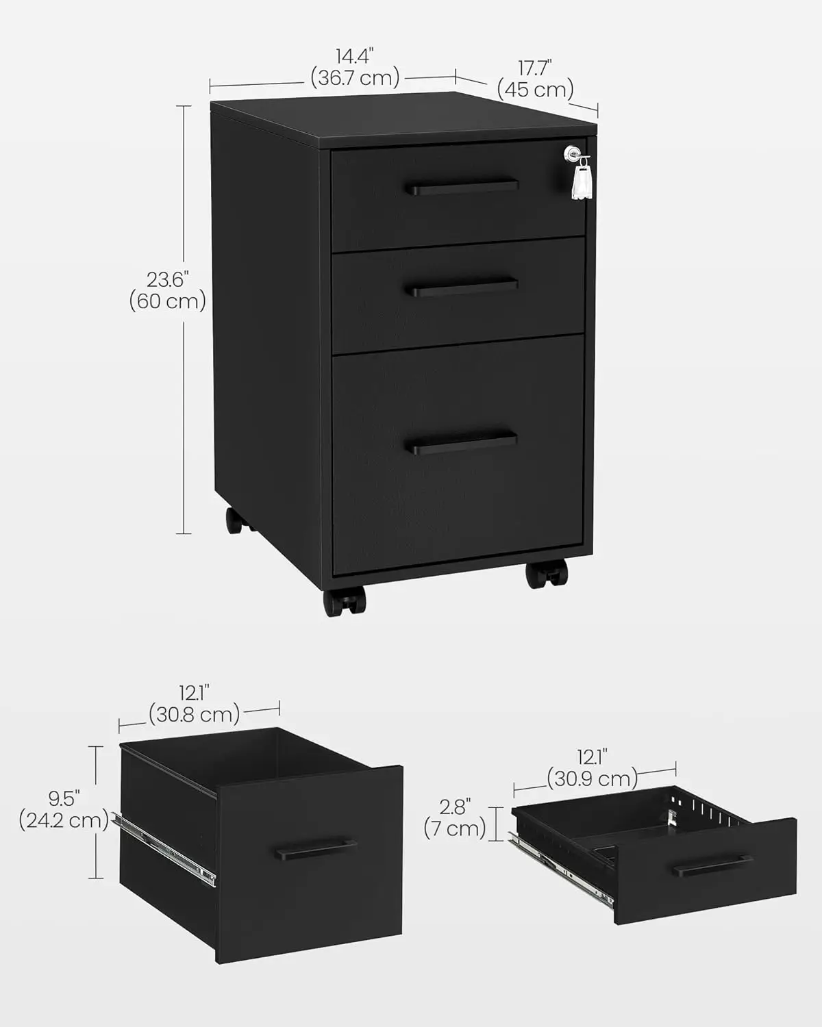 File Cabinet, Pre-Assembled Except Wheels and Handles, Office Filing Cabinet with Lock, for A4, Legal, Letter Sized Documents, 1