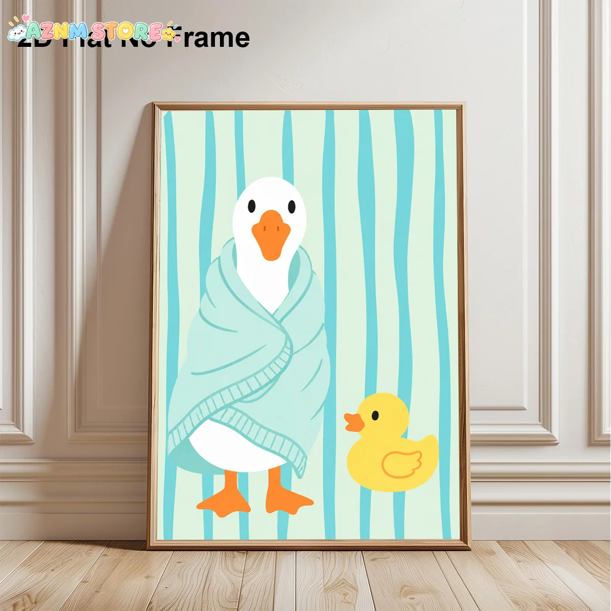 2027,2D Flat, Frameless Canvas Poster, Cute Duck Wrapped in Blue Bath Towel with Yellow Toy, Wall Art Canvas Painting, Bedroo