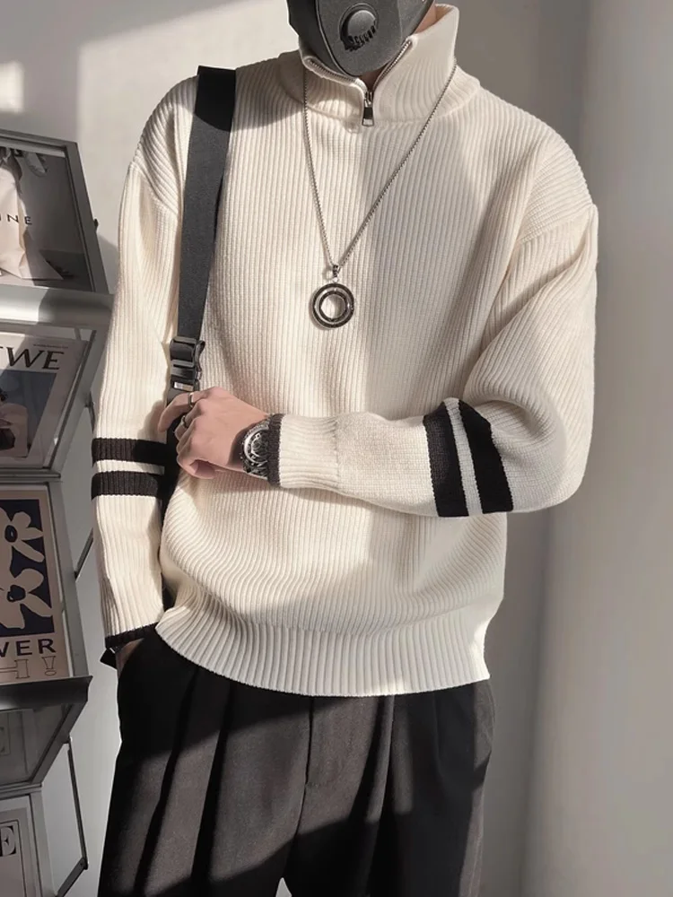 

Мужской утепленный свитер с высоким воротником на молнии, вязаный, зимний, повседневный, свободного кроя, с длинным рукавом, базовый слой, модный бренд