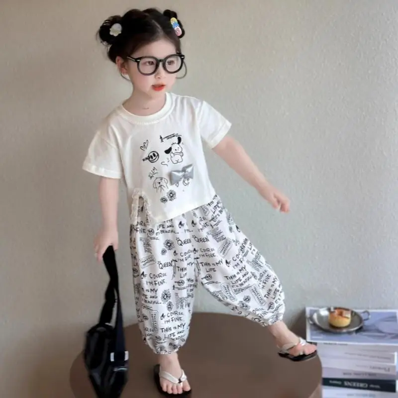 

Sanrio детский костюм с короткими рукавами Hello Kitty Kawaii аниме летняя футболка с круглым вырезом брюки для бега комплект из 2 предметов одежда для девочек