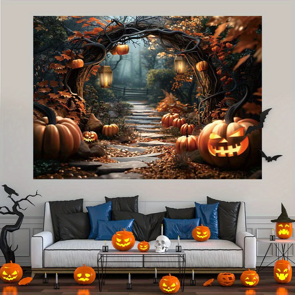 Halloween photography background, autumn maple forest horror pumpkin pattern, eerie banner decoration