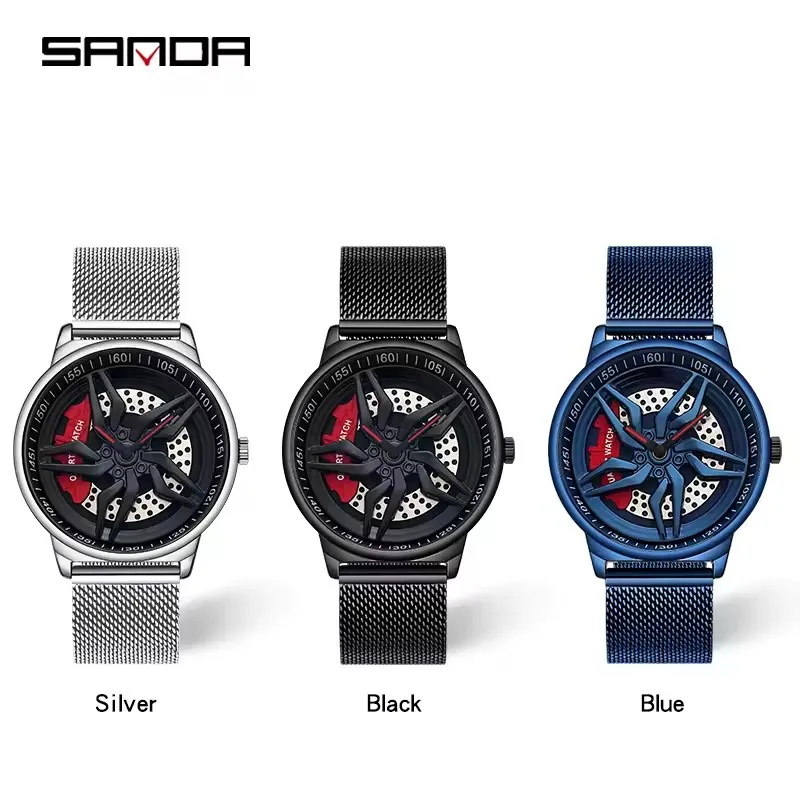 SANDA 1022-heren quartzhorloge Uniek echt 3D-model Draaiende auto Luxe mode Lichtgevende waterdichte horloges voor mannen reloj hombre