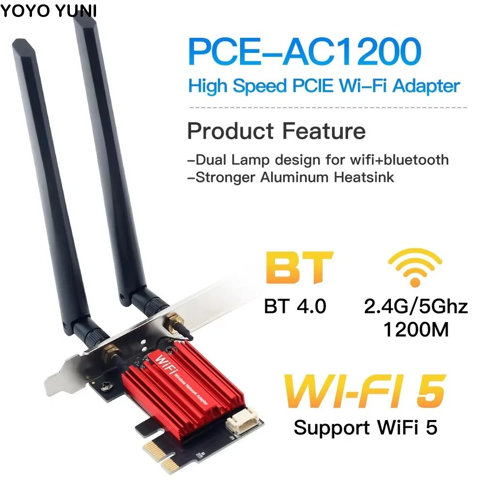 WiFi 5 Wireless Network Card Dual Band 2.4G/5GHz PCIE WiFi Adapter Drive Free AC1200 USB Wifi Adapter for Computer/Phone/Tablet