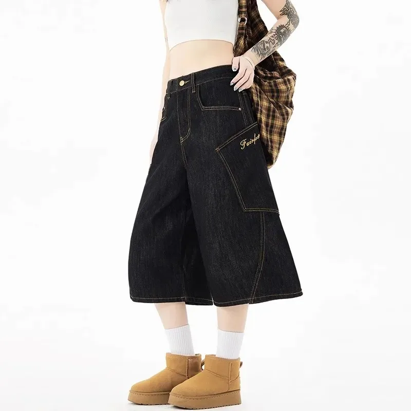 Women's Denim Midi Skirt With Plaid Patch Pocket Contrast Design Casual Skirt For Streetwear