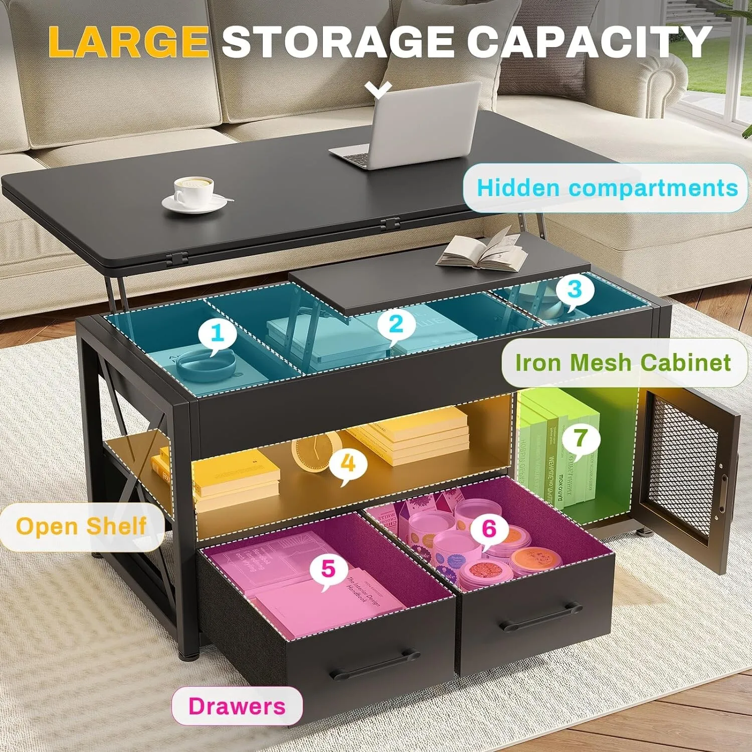 طاولة قهوة Cafe TablesLift مقاس 40 بوصة مع أدراج مخفية وإضاءة LED لغرفة المعيشة الحديثة باللون الأسود