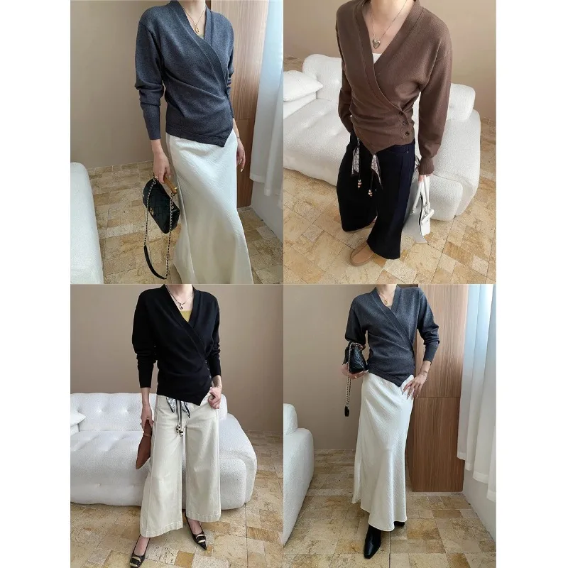 Women Knitted Cardigan Sweater Solid Jumper Button Asymmetrical Cinched Waist V Neck Long Sleeve Loose Casual 2025 Autumn Winter