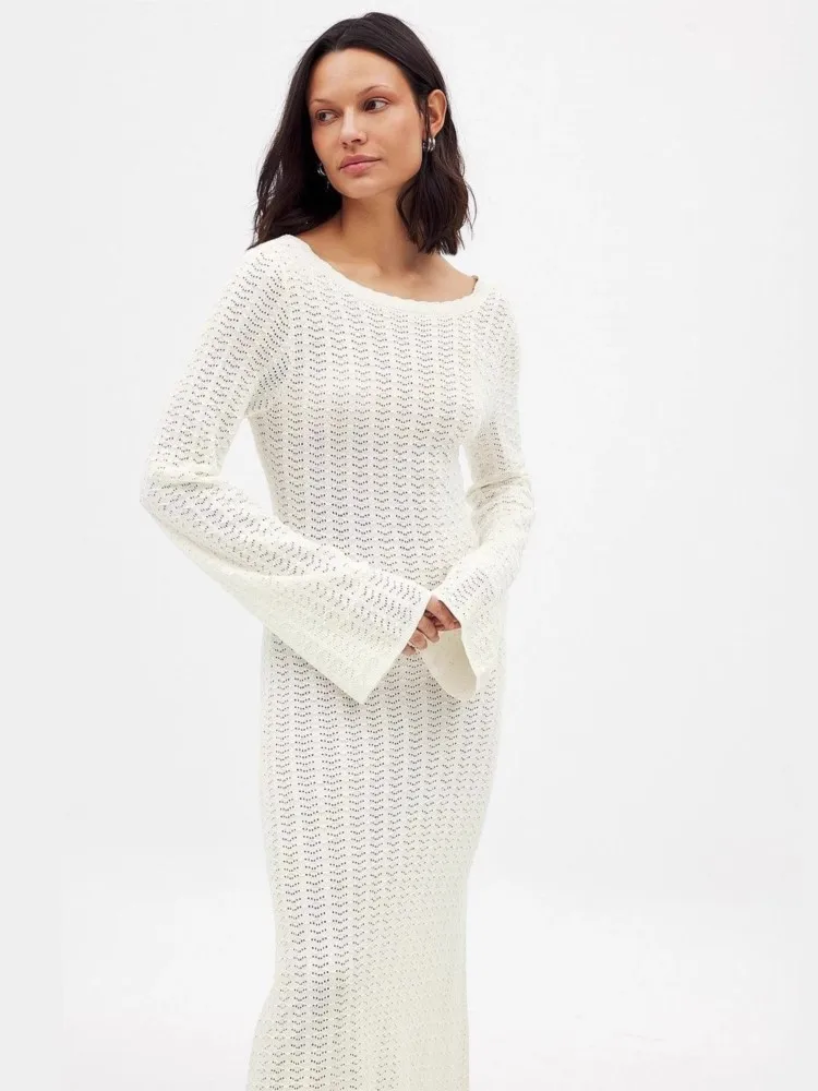 Robe de plage longue en tricot pour femmes, Sexy, ajourée, col rond, manches longues, Cover-Up pour Bikini, dos nu, robe de vacances, été, 2026