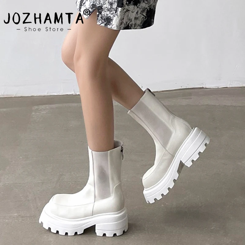 

JOZHAMTA Size 34-39 Women Short Boots Square Toe Classic Chunky High Heels Winter Shoes Woman Genuine Leather Elastic Booties