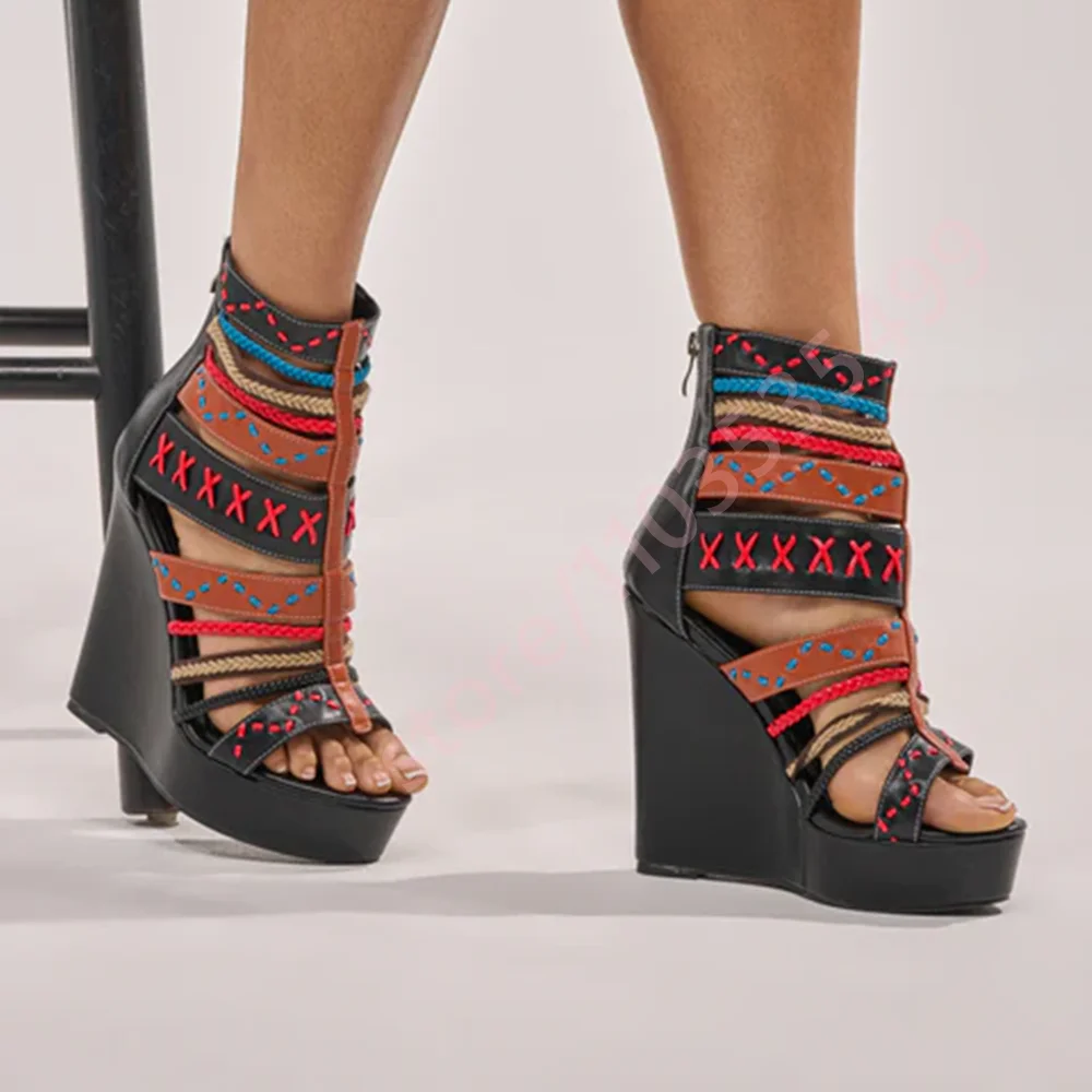 2026 Boho Colorful Braided Strap Platform Wedge Sandals Women Multicolor Stitch Ankle Cuff Open Toe Ethnic Summer High Heels