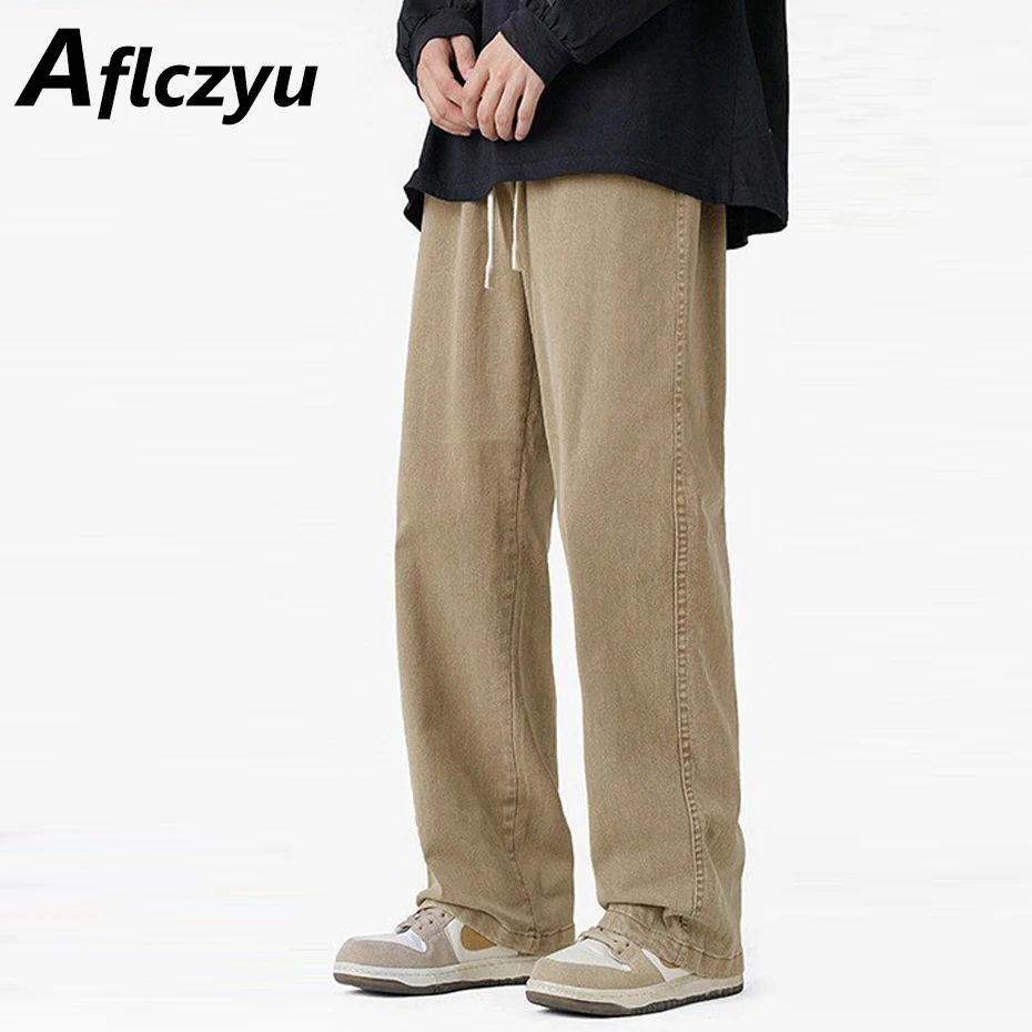 

Vintage Denim Pants Men Straight Jeans Fashion Casual Solid Color Jeans Male Harajuku Elastic Waist Denim Trousers Khaki