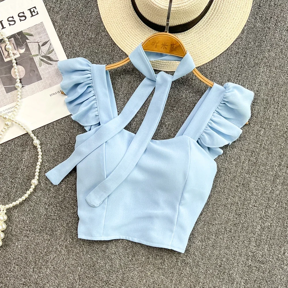 

Sexy Ruffle Off Shoulder Slim Top Chic Straps Camis Slim Korean Tanks Top Elegant Crop Top Summer Women Bustier