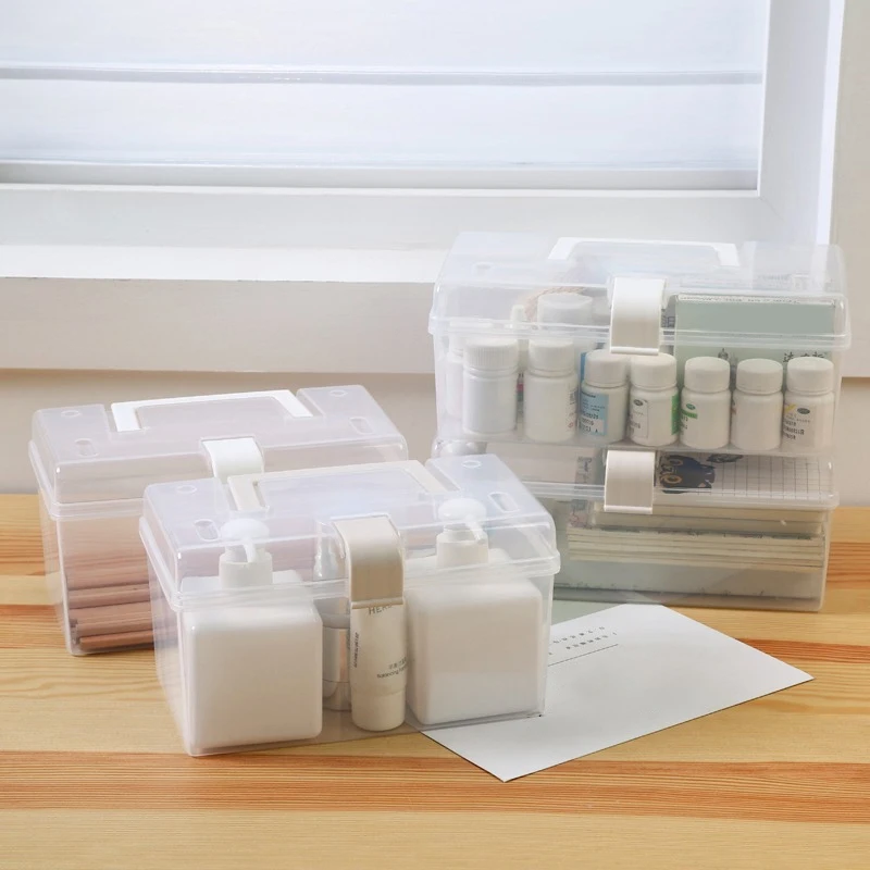 Desktop Transparent Storage Box with Carrying Handle Car Storage Bins Snack Toy Organizer Family First Aid Medicine Case