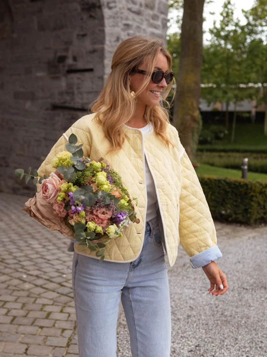 

Желтая стеганая лоскутная хлопковая куртка женская с круглым вырезом и карманами с длинными рукавами верхняя одежда осеннее повседневное простое модное пальто куртки